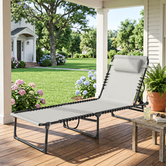 Outsunny Foldable Sun Lounger, Outdoor 4 Level Adjustable Backrest Reclining Chaise Chair, Steel Frame Recliner Chair for Camping, Hiking, Cream White