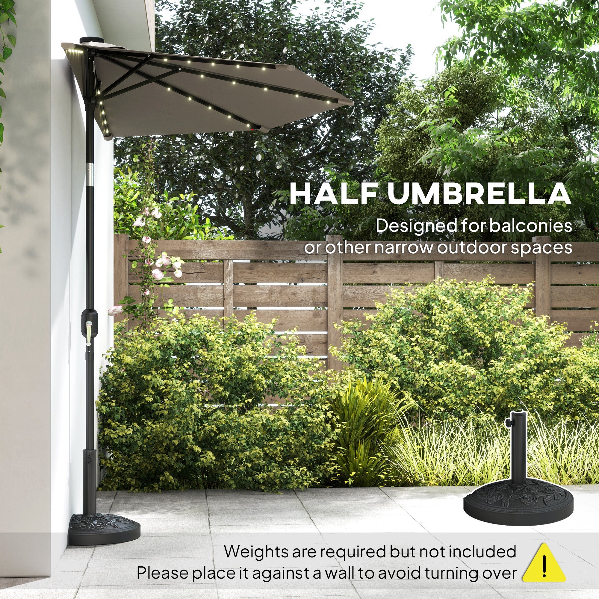 Outsunny 2.6 m Half Garden Parasol with Solar LED Lights, UPF50+ Semi Round Umbrella with 30Â° Tilt, Crank Handle, Dark Grey