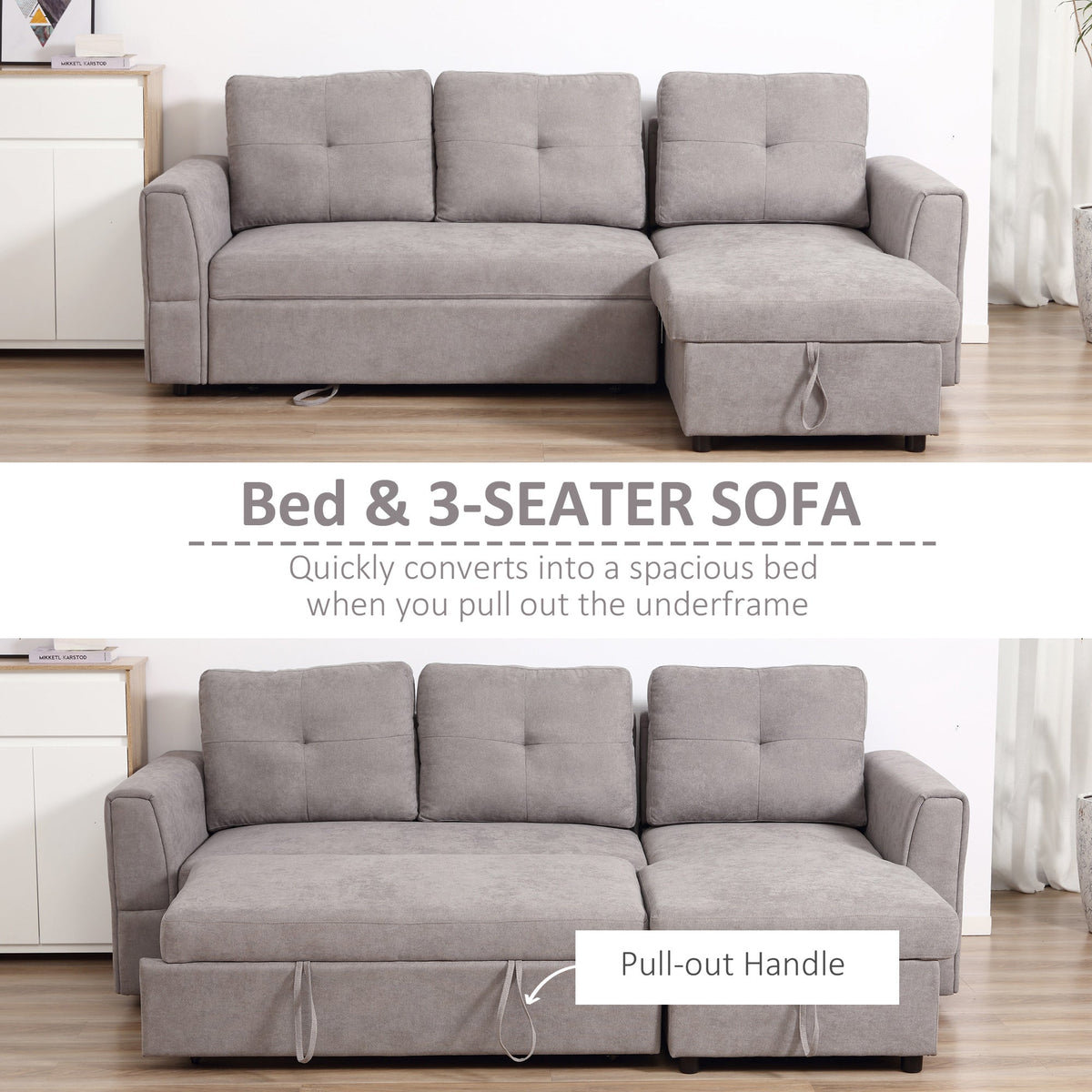 HOMCOM 3 Seater Sofa Bed, Pull Out Sofa Bed with Storage for Living Room, Light Grey