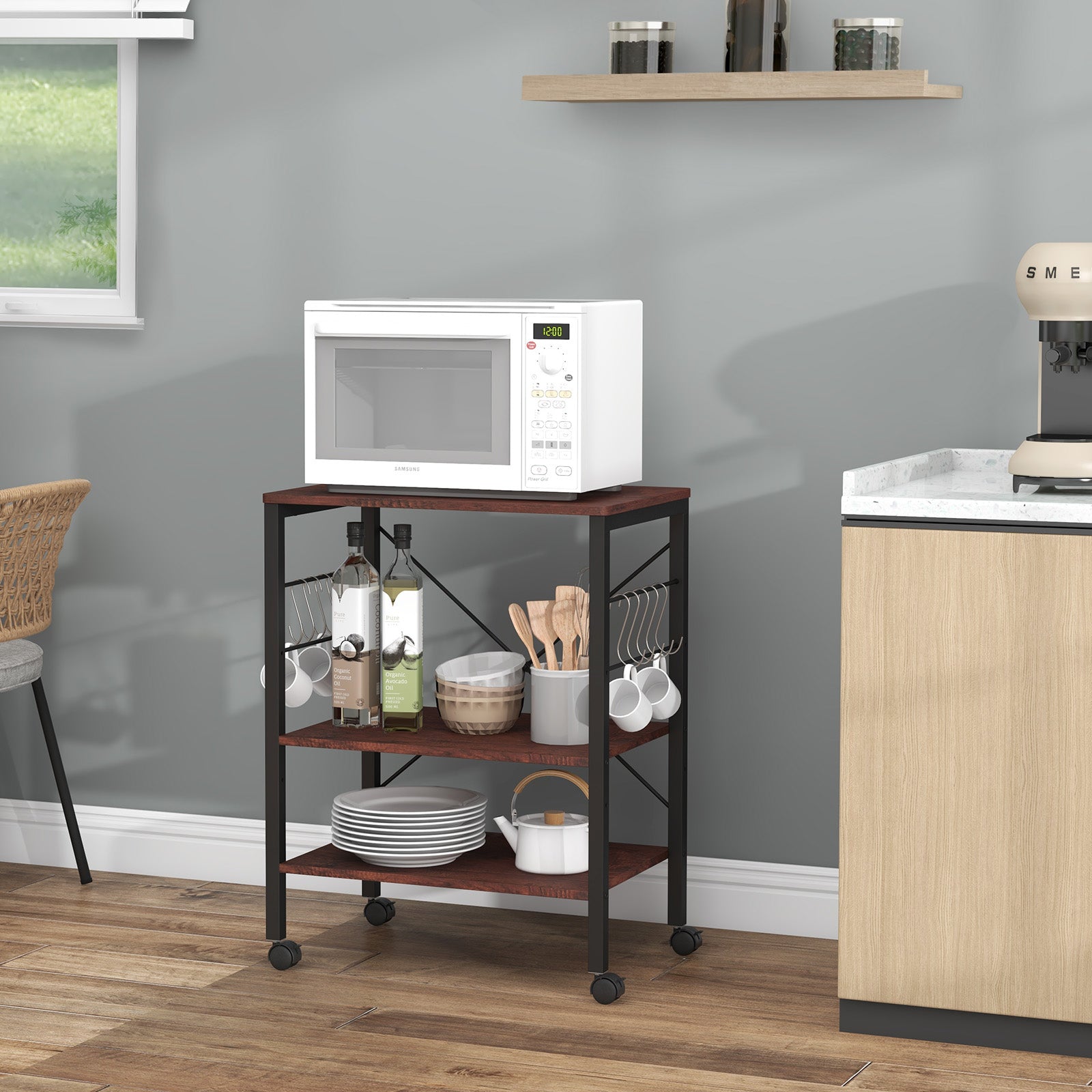 3-Tier Utility Cart Storage Trolley with 10 Removable Hooks-Coffee