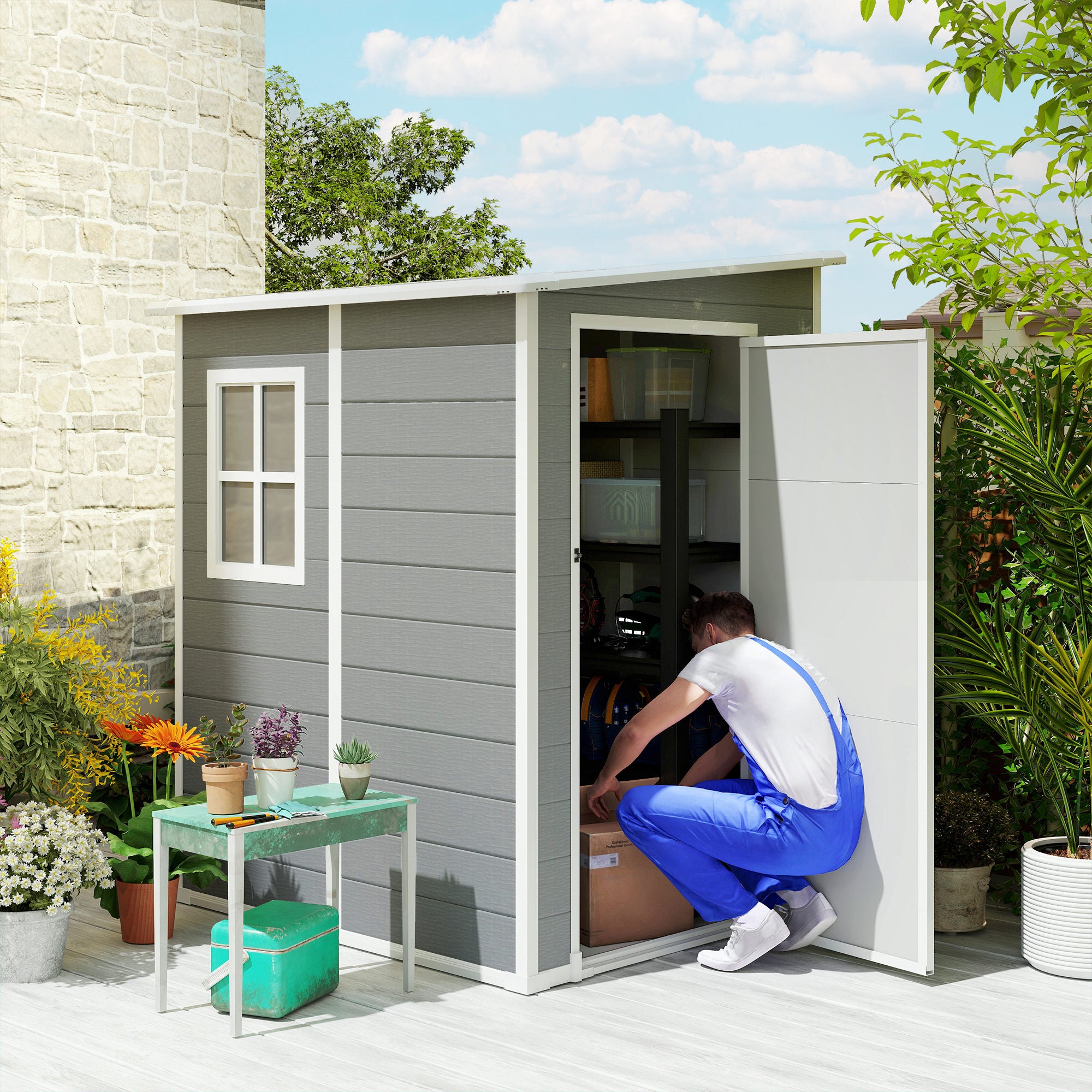 Outsunny 4'x5' Garden Storage Shed, Lean to Shed, Lockable Garden Shed with Window, Vent and Plastic Roof, Grey
