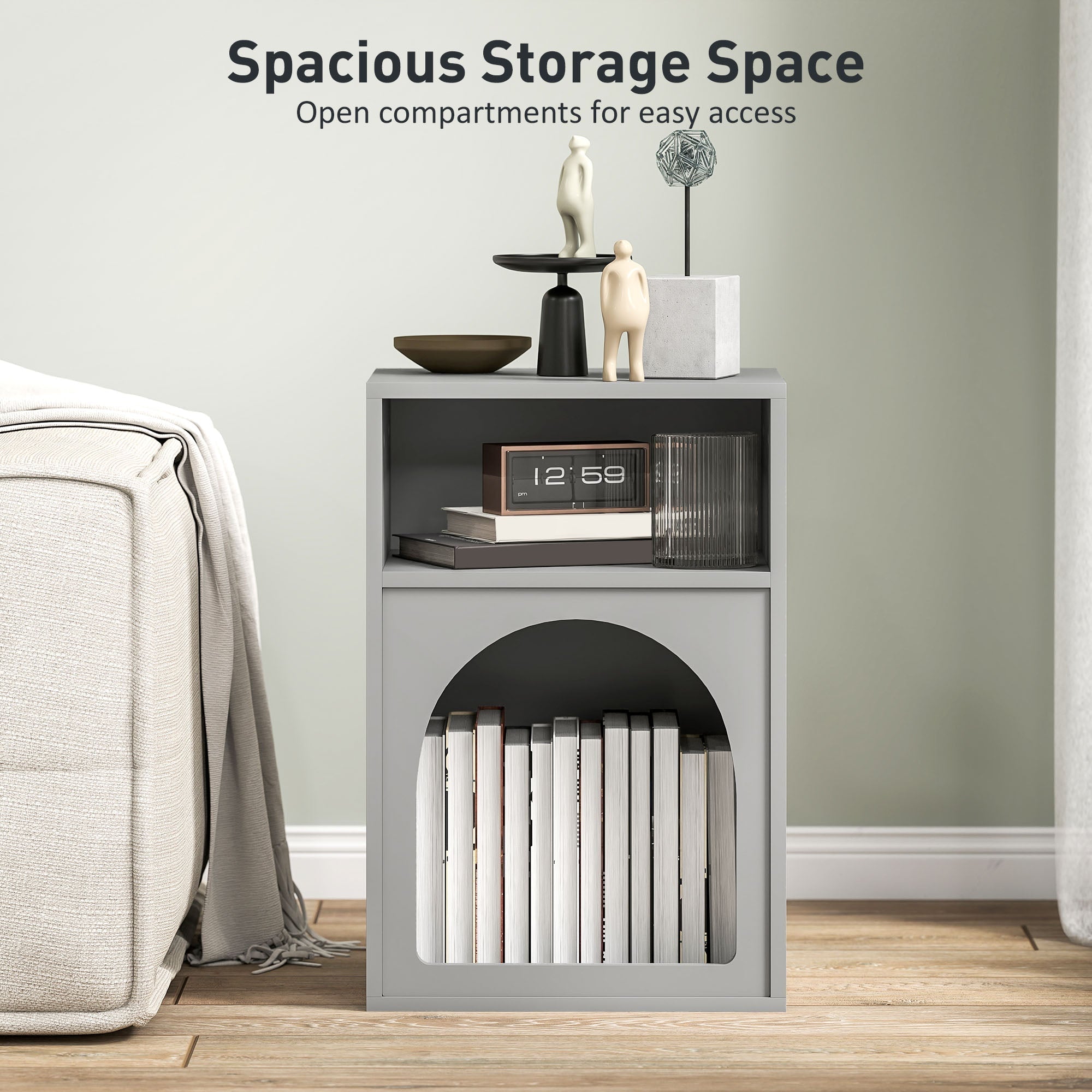 HOMCOM Bedside Table with 2 Open Compartments - Grey