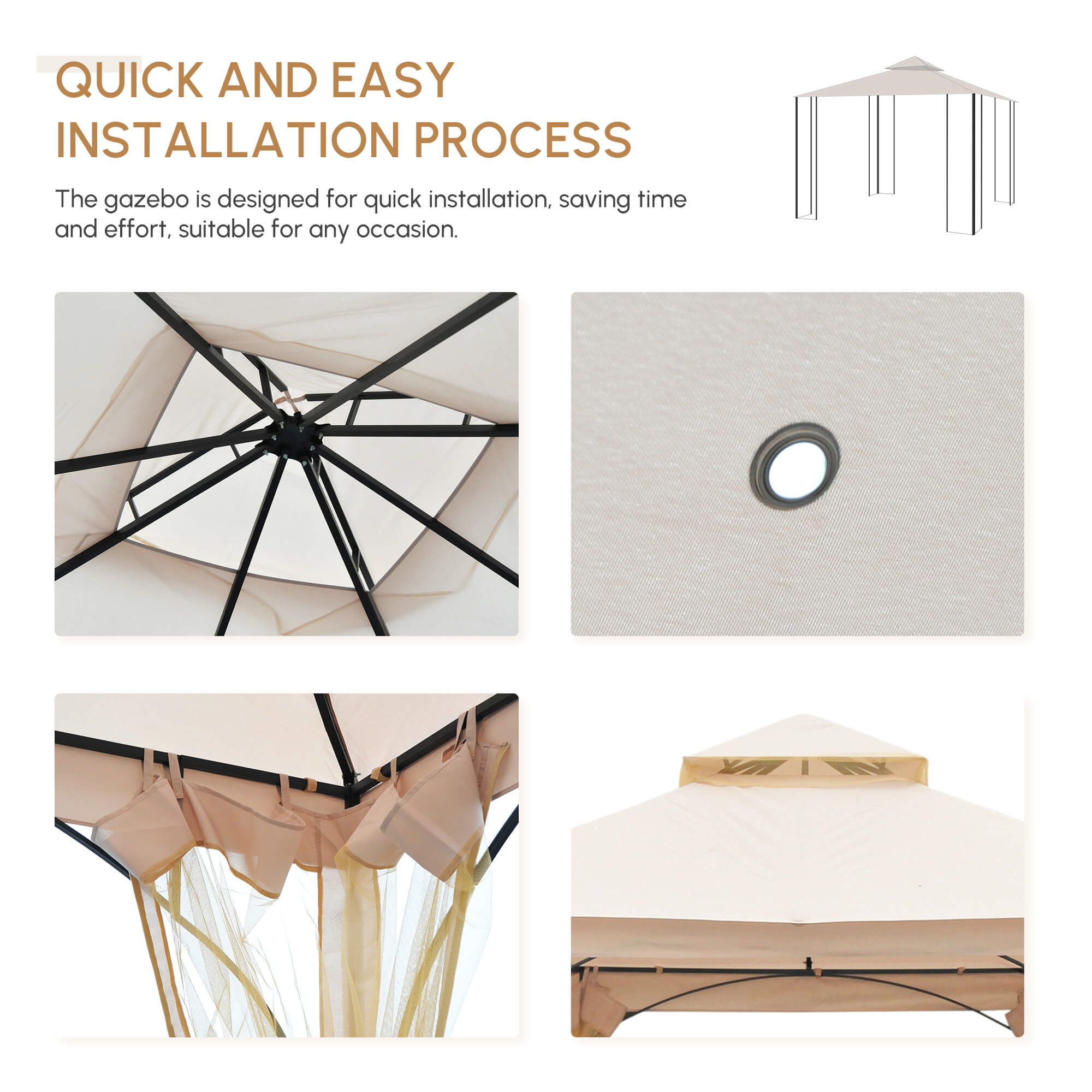 Outsunny 3 x 3(m) Garden Gazebo Patio Party Tent Shelter Outdoor Canopy Double Tier Sun Shade Metal Frame Netting, Beige