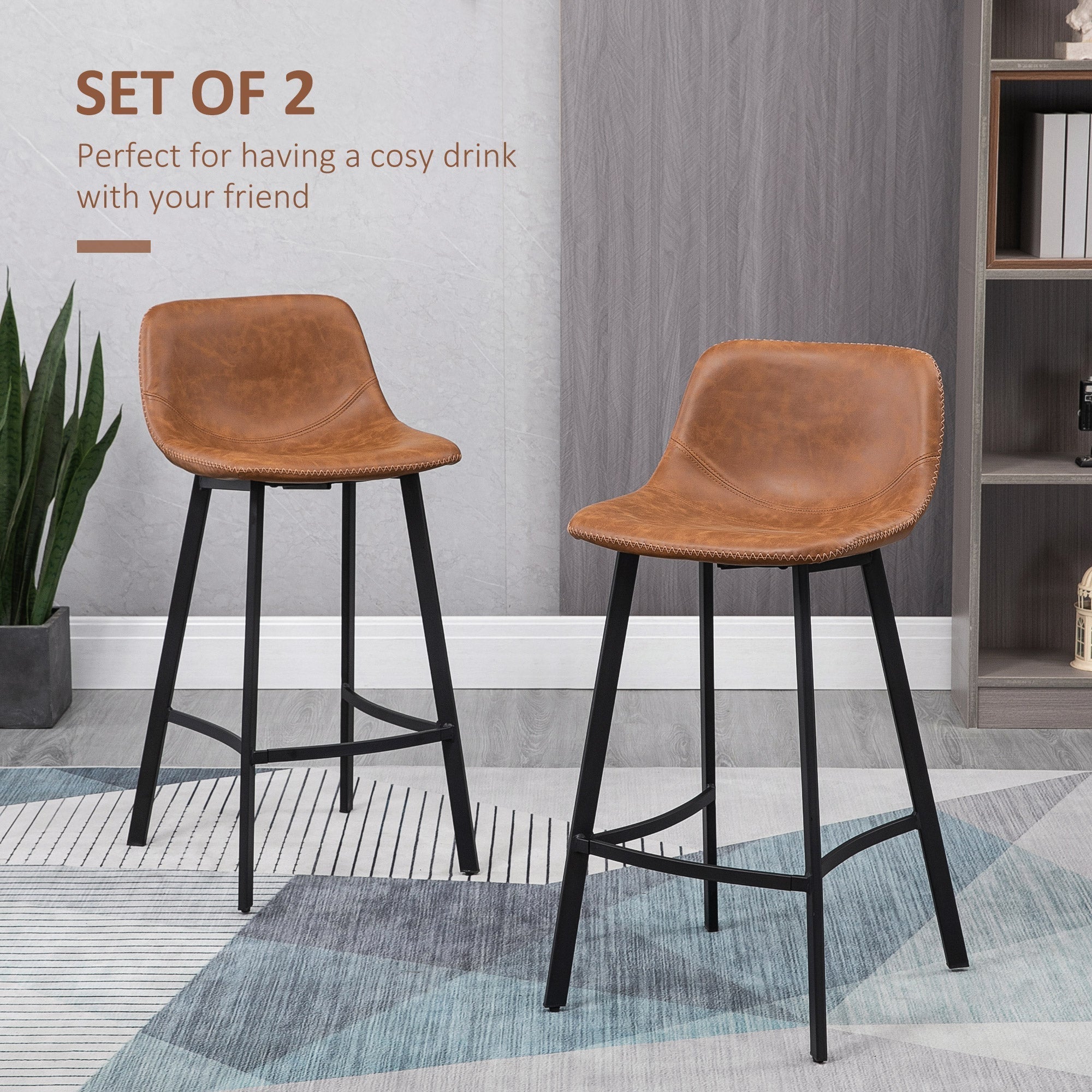 HOMCOM Bar Stools Set of 2, PU Leather Dining Stools with Backrest, Footrest, for Kitchen, Counter, Breakfast Bar, Brown