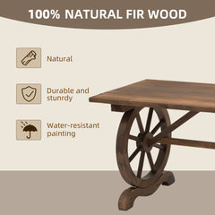 Outsunny Wooden Garden Dining Table, Wagon Wheel Outdoor Coffee Table with 3 cm Wood Top for Patio, Balcony, Terrace, 110 x 60 x 65 cm, Carbonised Finish