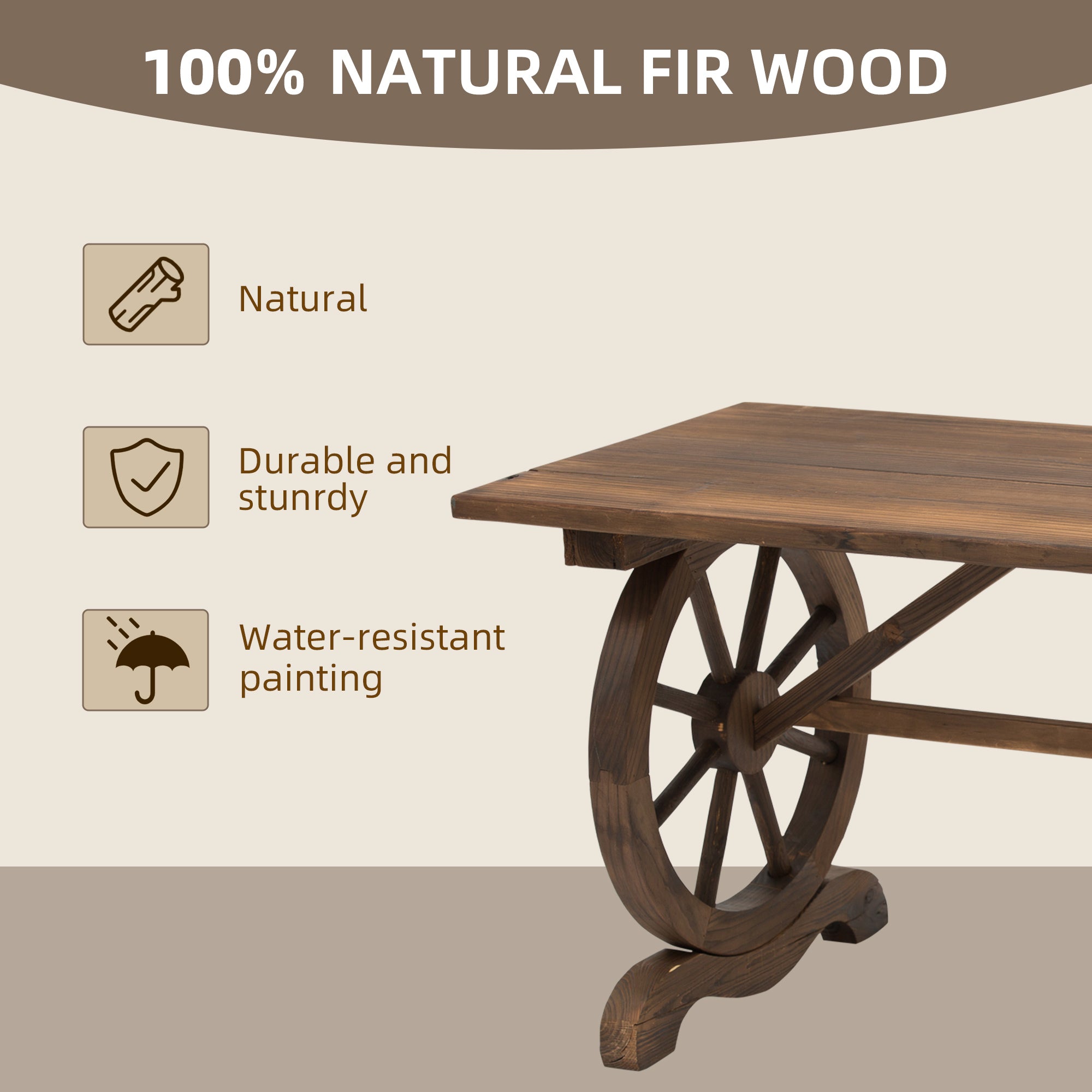 Outsunny Wooden Garden Dining Table, Wagon Wheel Outdoor Coffee Table with 3 cm Wood Top for Patio, Balcony, Terrace, 110 x 60 x 65 cm, Carbonised Finish