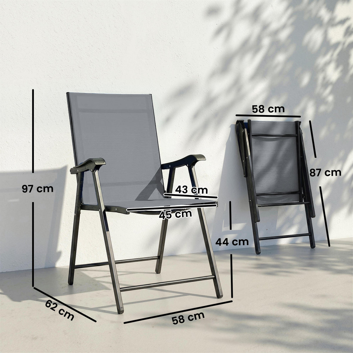 Outsunny Folding Garden Chairs Set of 4, Foldable Garden Dining Chairs with High Back, Armrests, Texteline Seat, Light Grey