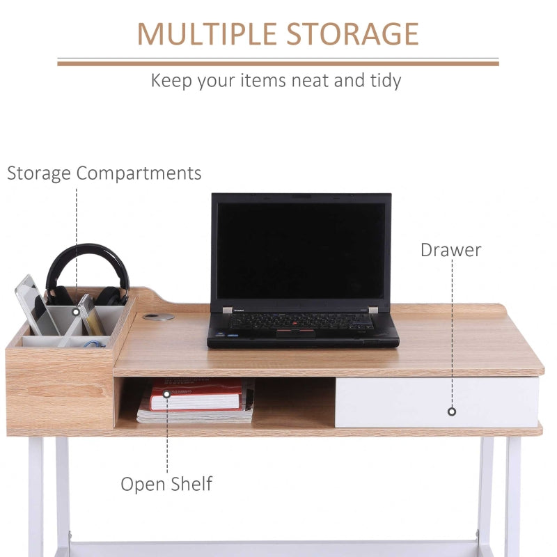 Computer Writing Desk Workstation with Drawer, Storage Compartments, Cable Management, Laptop Table Metal Frame Oak and White