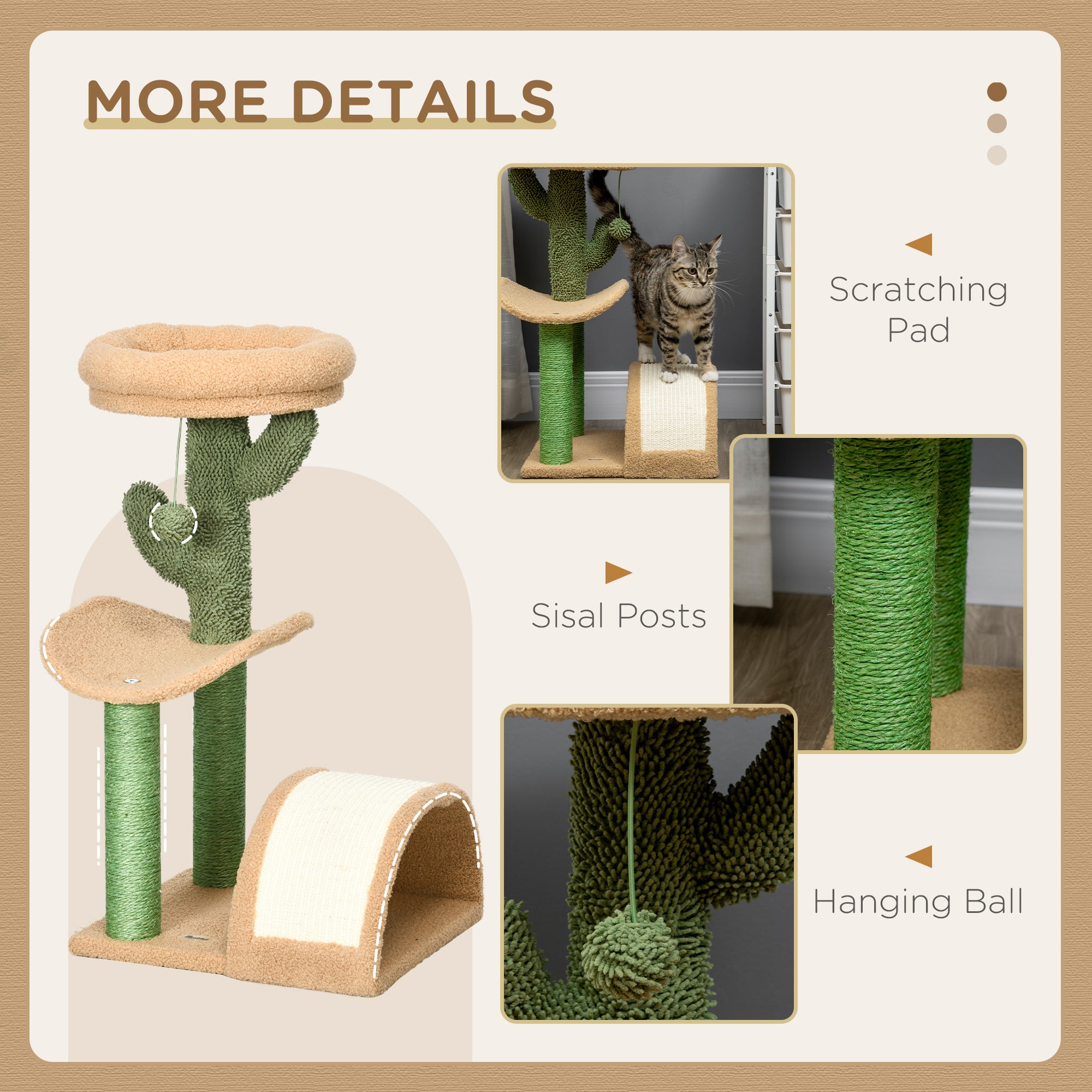 PawHut 72cm Cat Tree, with Top Bed, Curved Pad, Sisal Scratching Post - Beige & Green