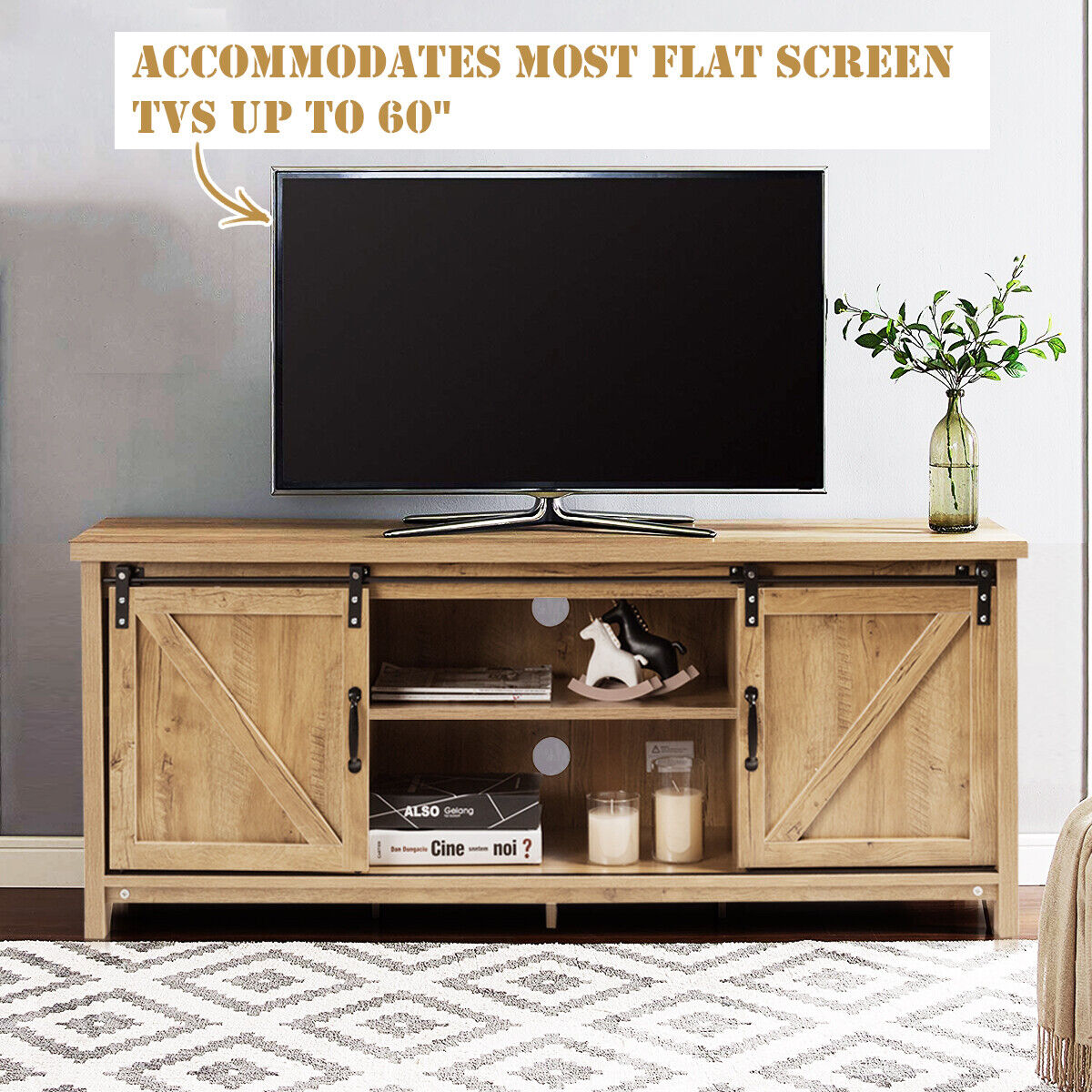 Modern TV Cabinet for 60-Inch TV Wooden Media Storage Shelves-Orange