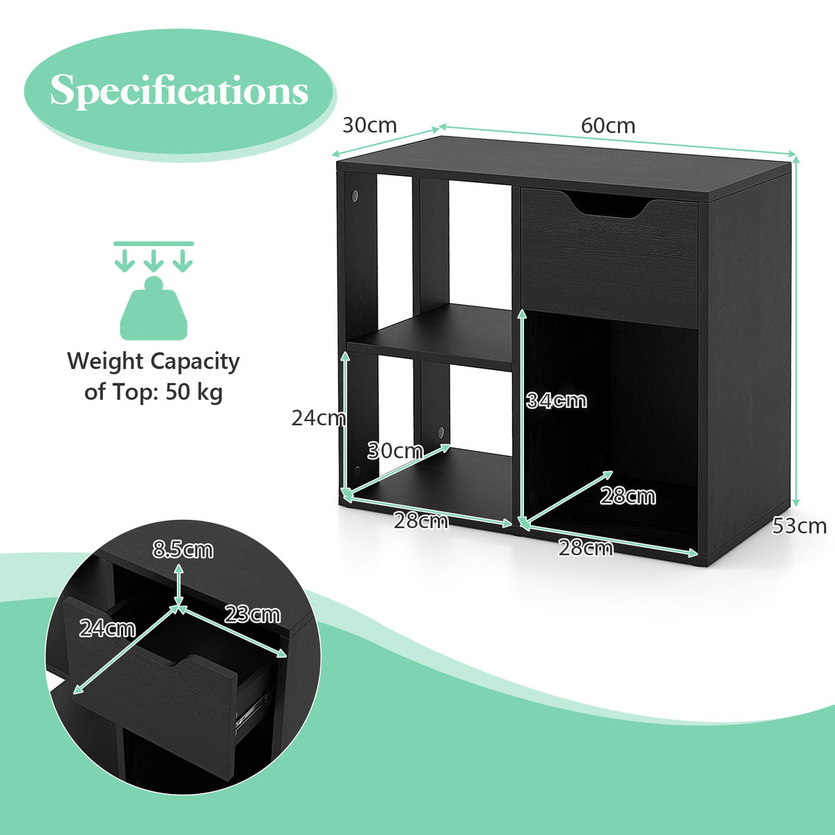 3-Cube Wooden Storage Shelf with Drawer-Black