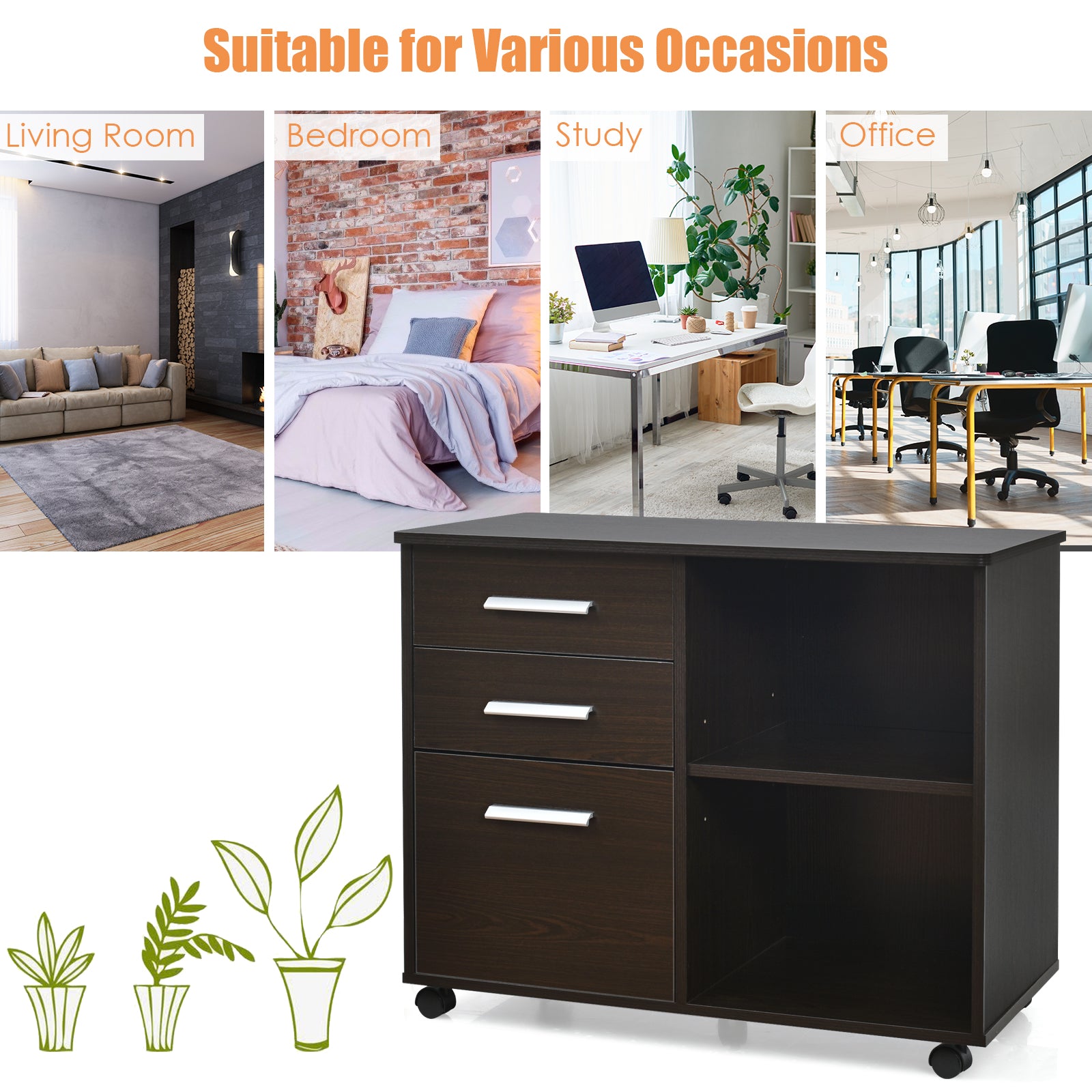 3-Drawer File Cabinet with Hanging Bars for Letter Size Documents-Coffee