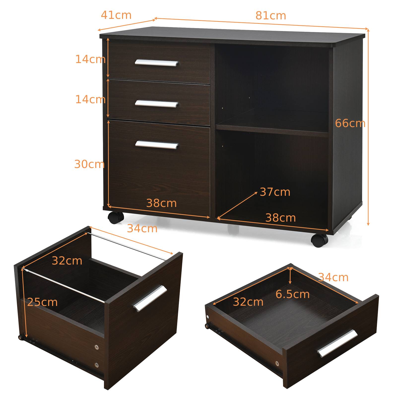 3-Drawer File Cabinet with Hanging Bars for Letter Size Documents-Coffee