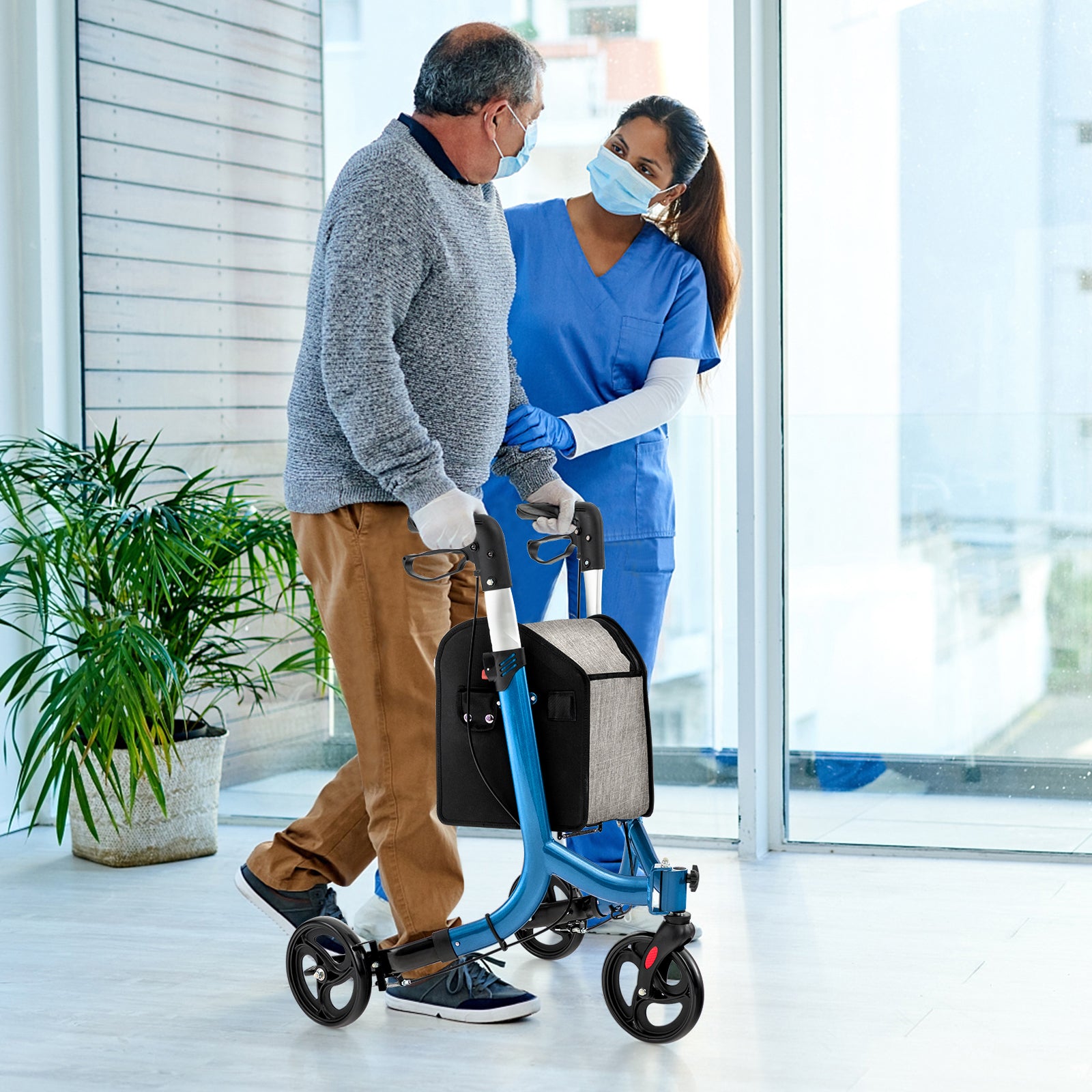 Folding Aluminum Rolling Walker with Zippered Storage Bag and Safe Dual Brake System-Blue