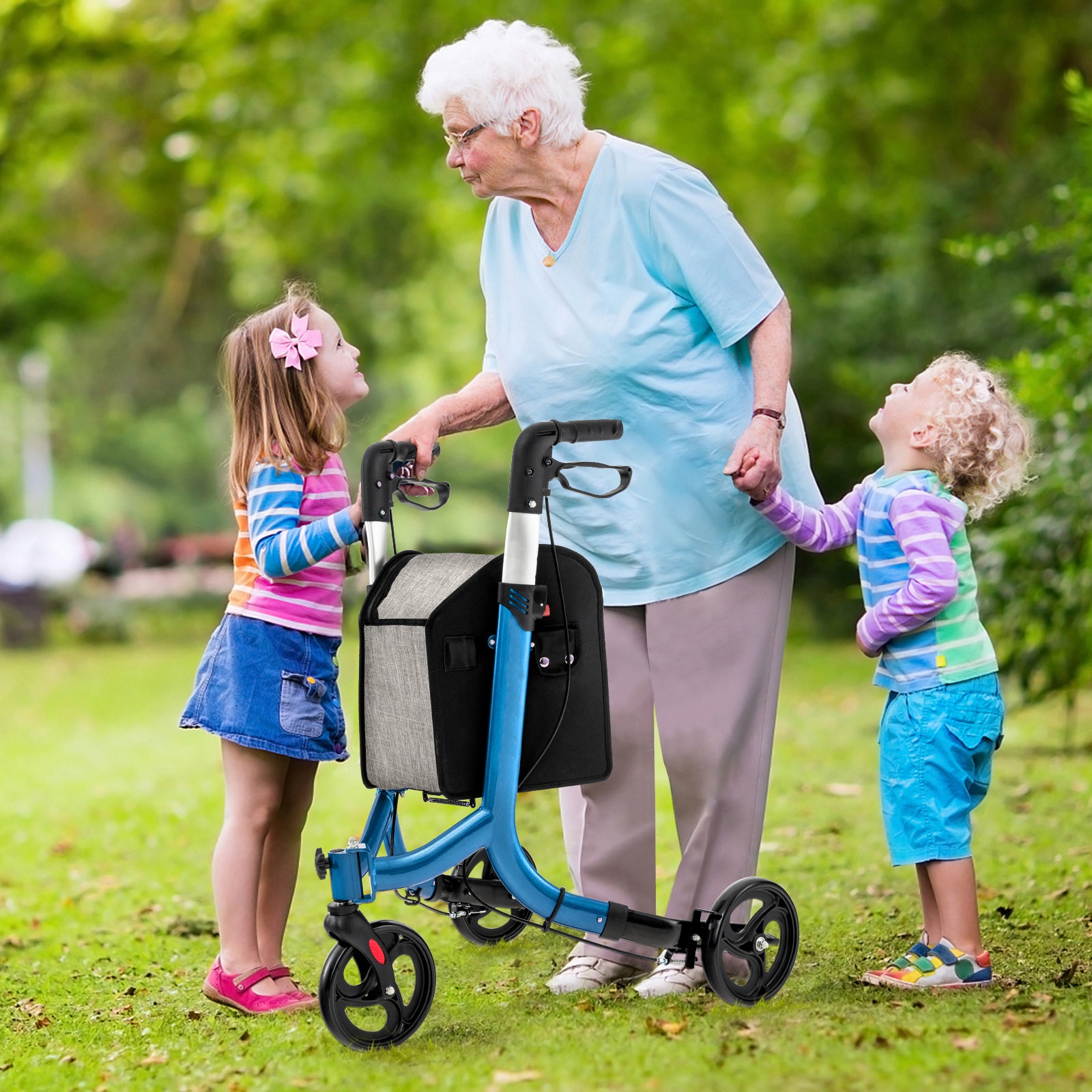Folding Aluminum Rolling Walker with Zippered Storage Bag and Safe Dual Brake System-Blue