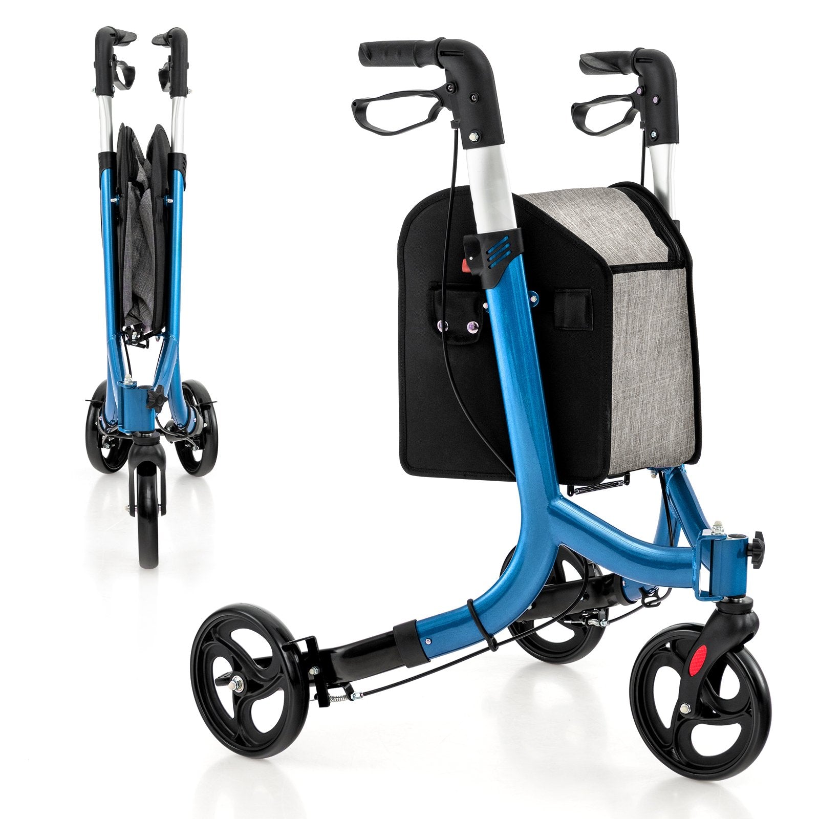 Folding Aluminum Rolling Walker with Zippered Storage Bag and Safe Dual Brake System-Blue