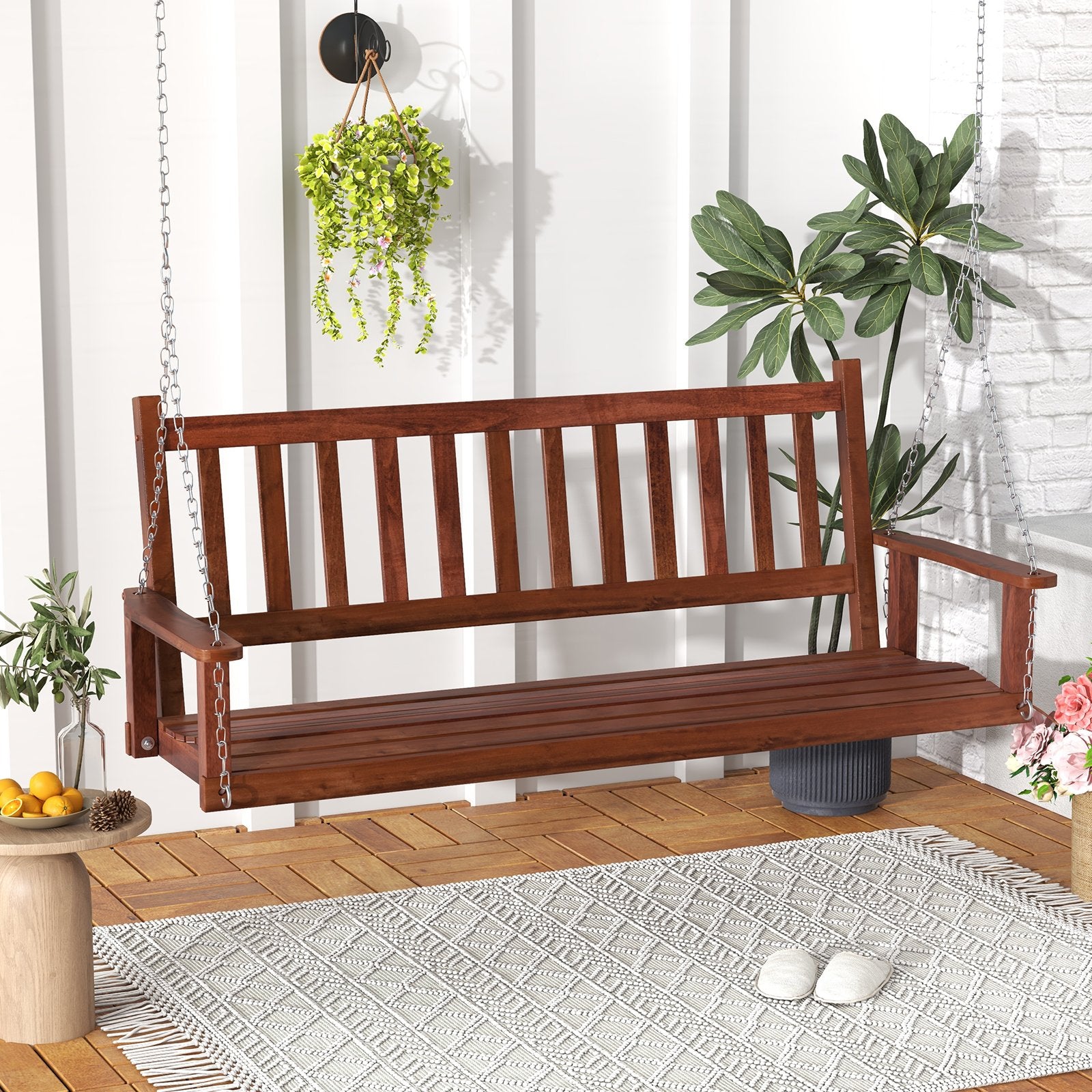 2/3 Person Wooden Outdoor Porch Swing with Adjustable Upper Chains-Brown-3 Person