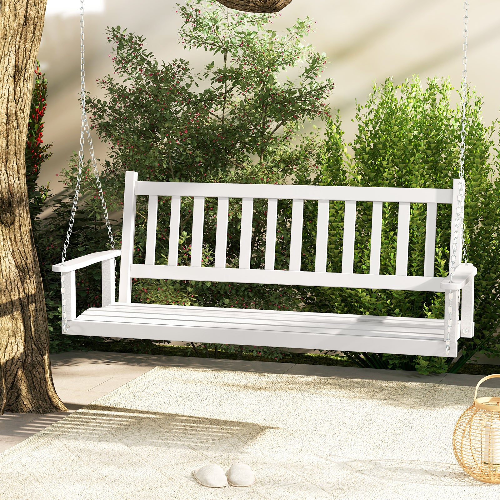 2/3 Person Wooden Outdoor Porch Swing with Adjustable Upper Chains-White-3 Person