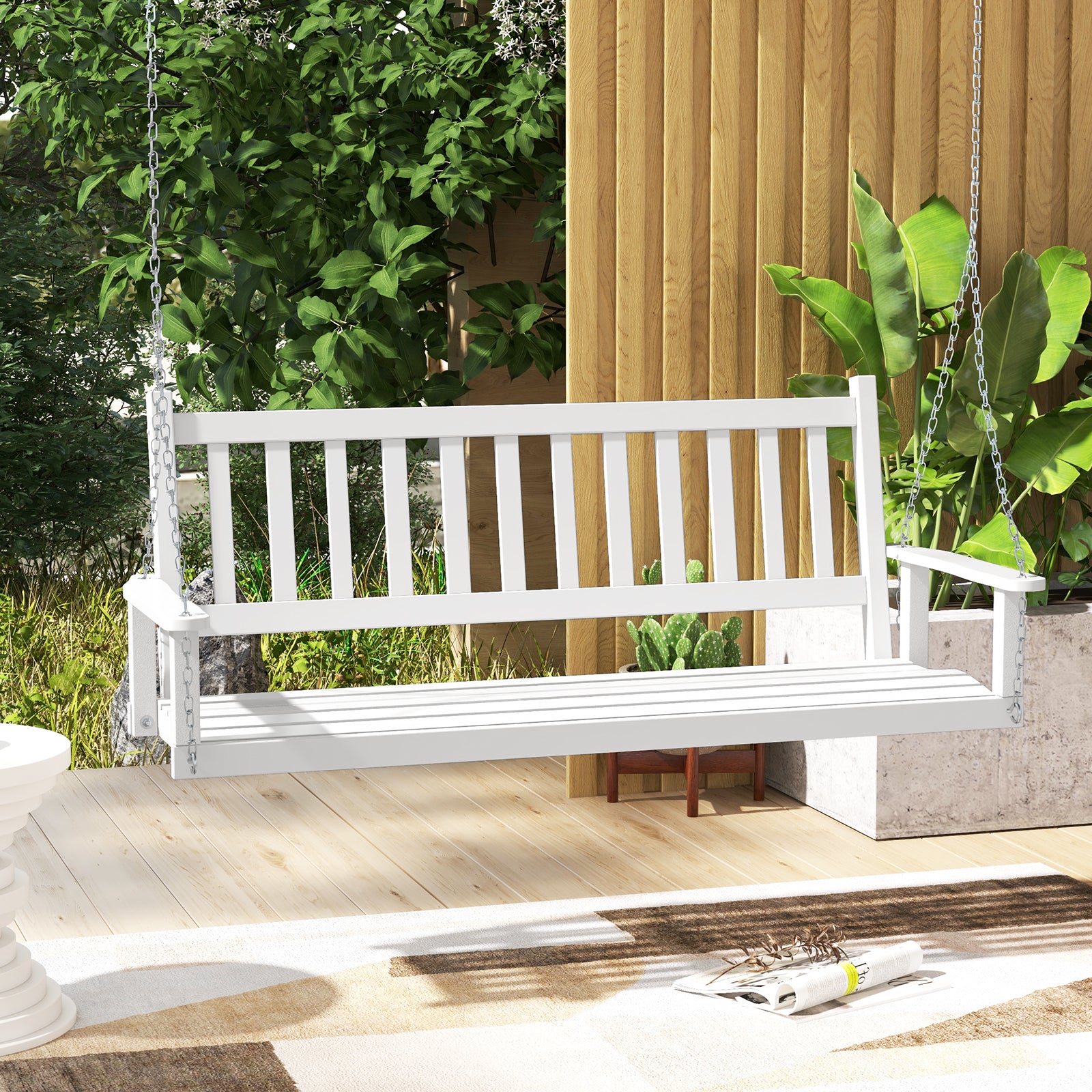 2/3 Person Wooden Outdoor Porch Swing with Adjustable Upper Chains-White-3 Person