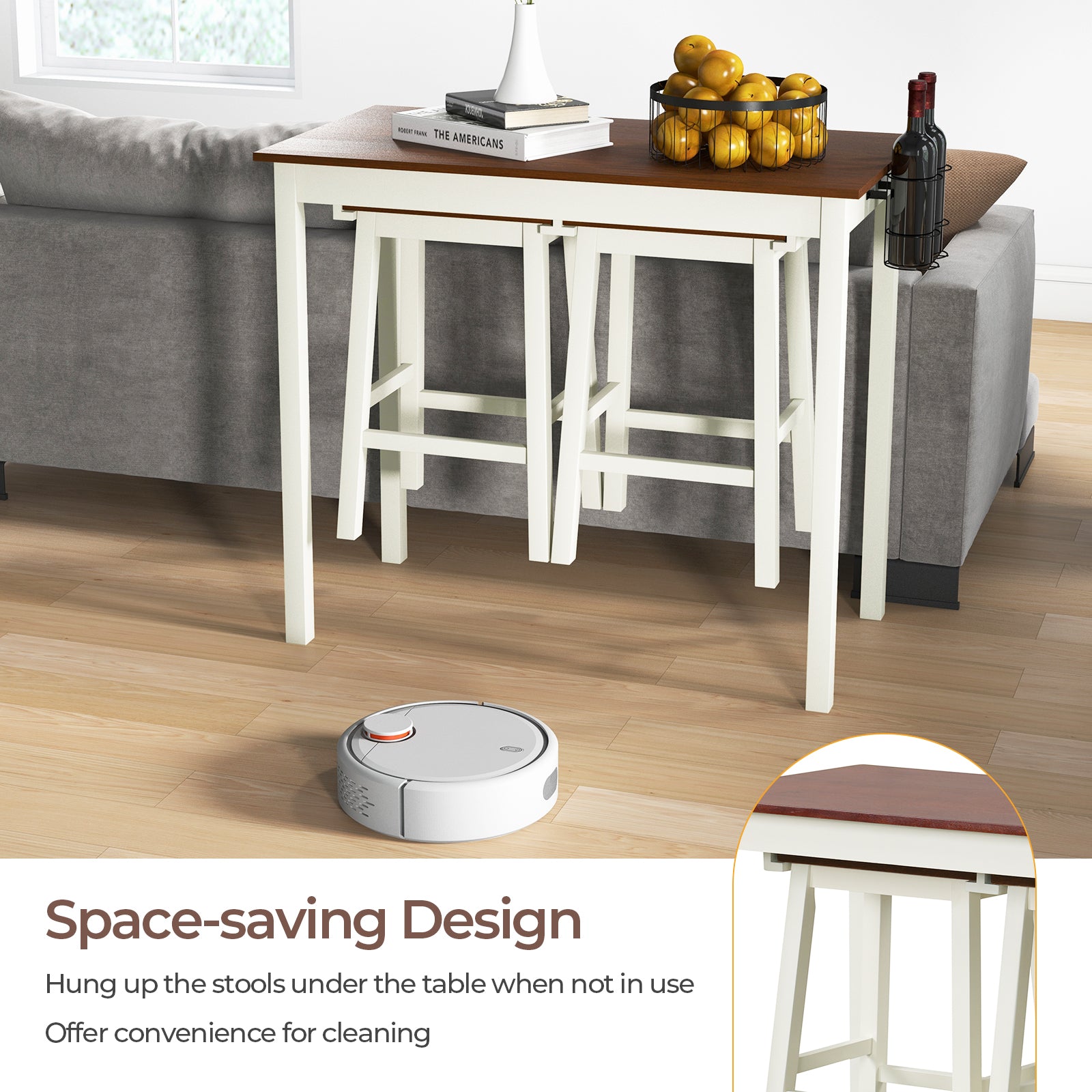 3-Piece Bar Table Set with 2 Wine Holders-Cream White