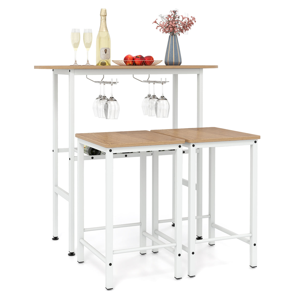 3 Piece Counter Height Table Set Oval Dining Table and 2 Stools-Natural