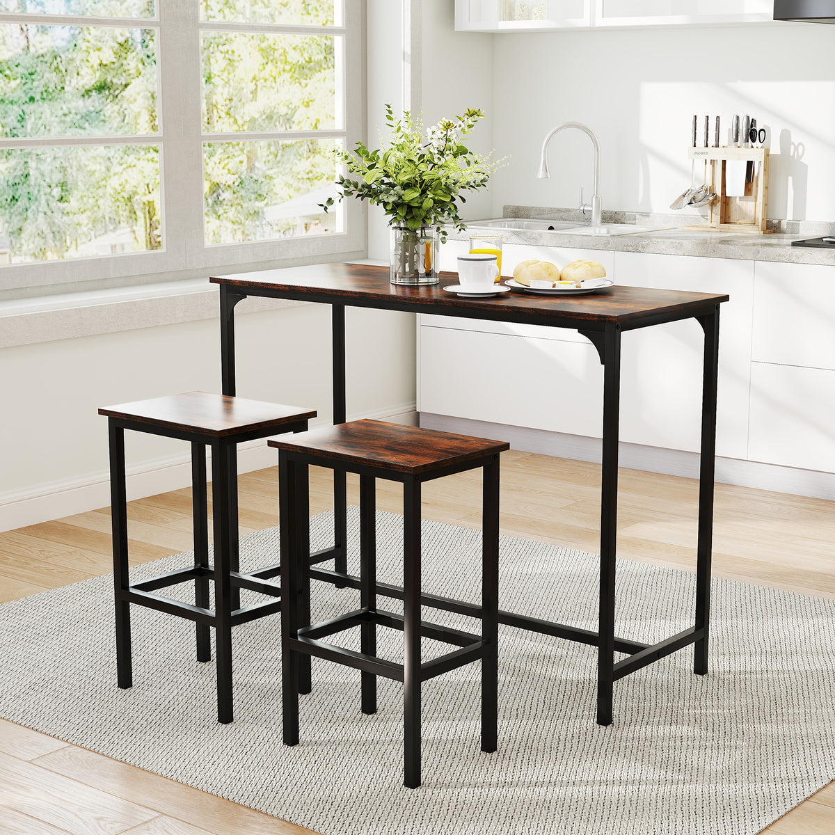 3-Piece Dining Table Set with High Top Rectangular Pub Table and Chairs-Rustic Brown