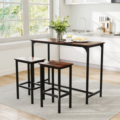 3-Piece Dining Table Set with High Top Rectangular Pub Table and Chairs-Rustic Brown