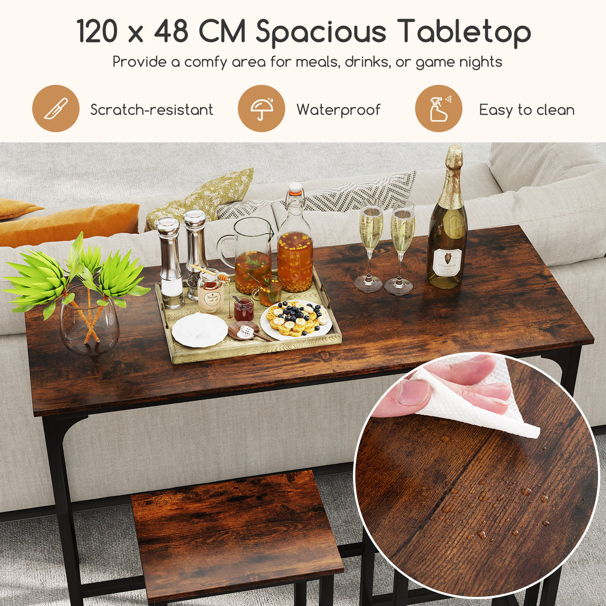 3-Piece Dining Table Set with High Top Rectangular Pub Table and Chairs-Rustic Brown