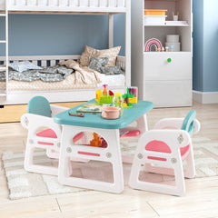 The kids table and chair set placed in a child's bedroom with toys on the tabletop
