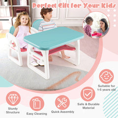 The kids table and chair set with icons highlighting product features and benefits