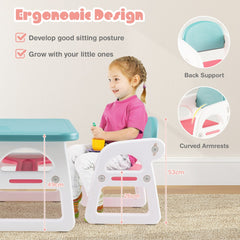 The kids table and chair set with close-up circles showing the back support and armrests