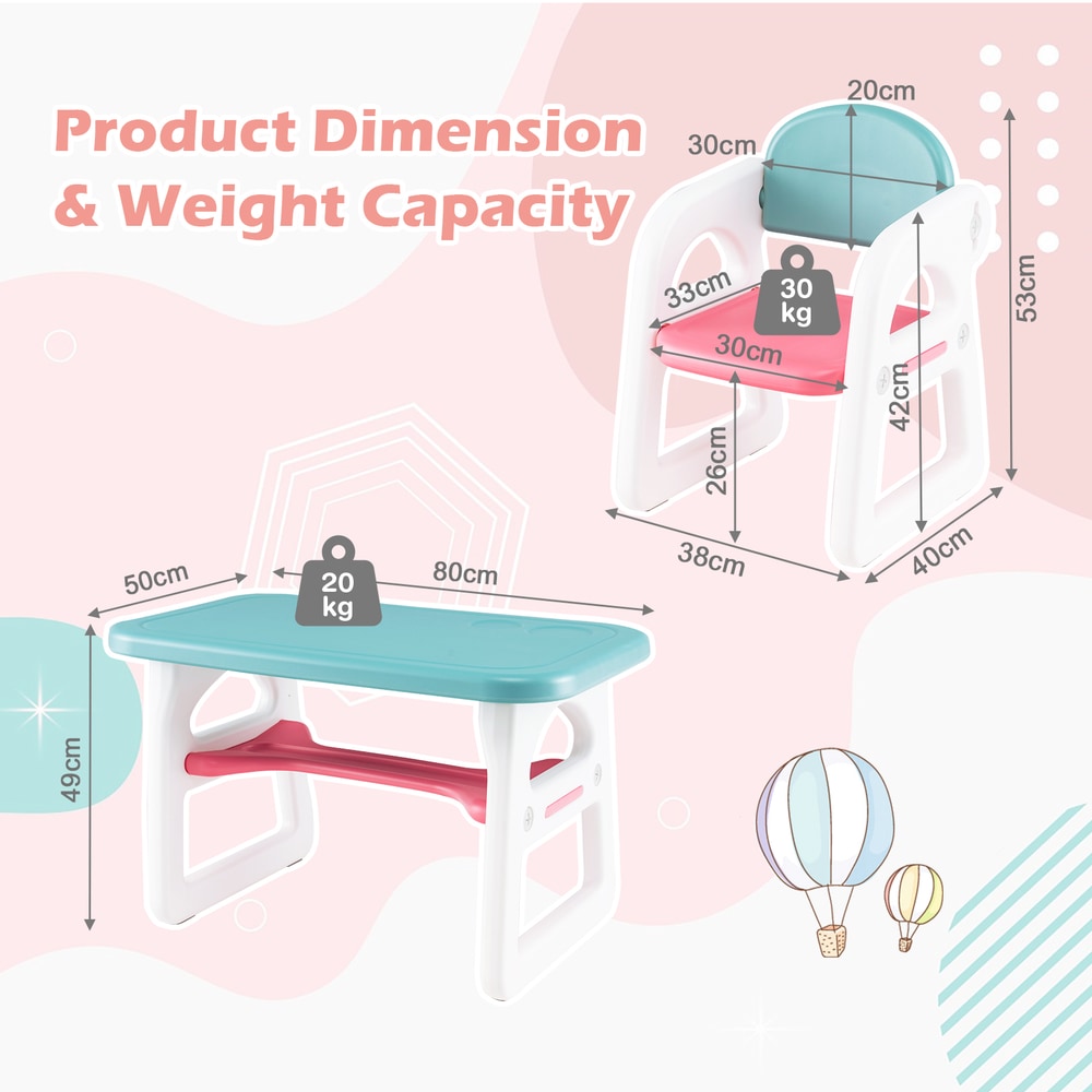The kids table and chair set with arrows indicating dimensions and weight capacity