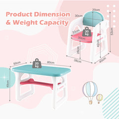 The kids table and chair set with arrows indicating dimensions and weight capacity