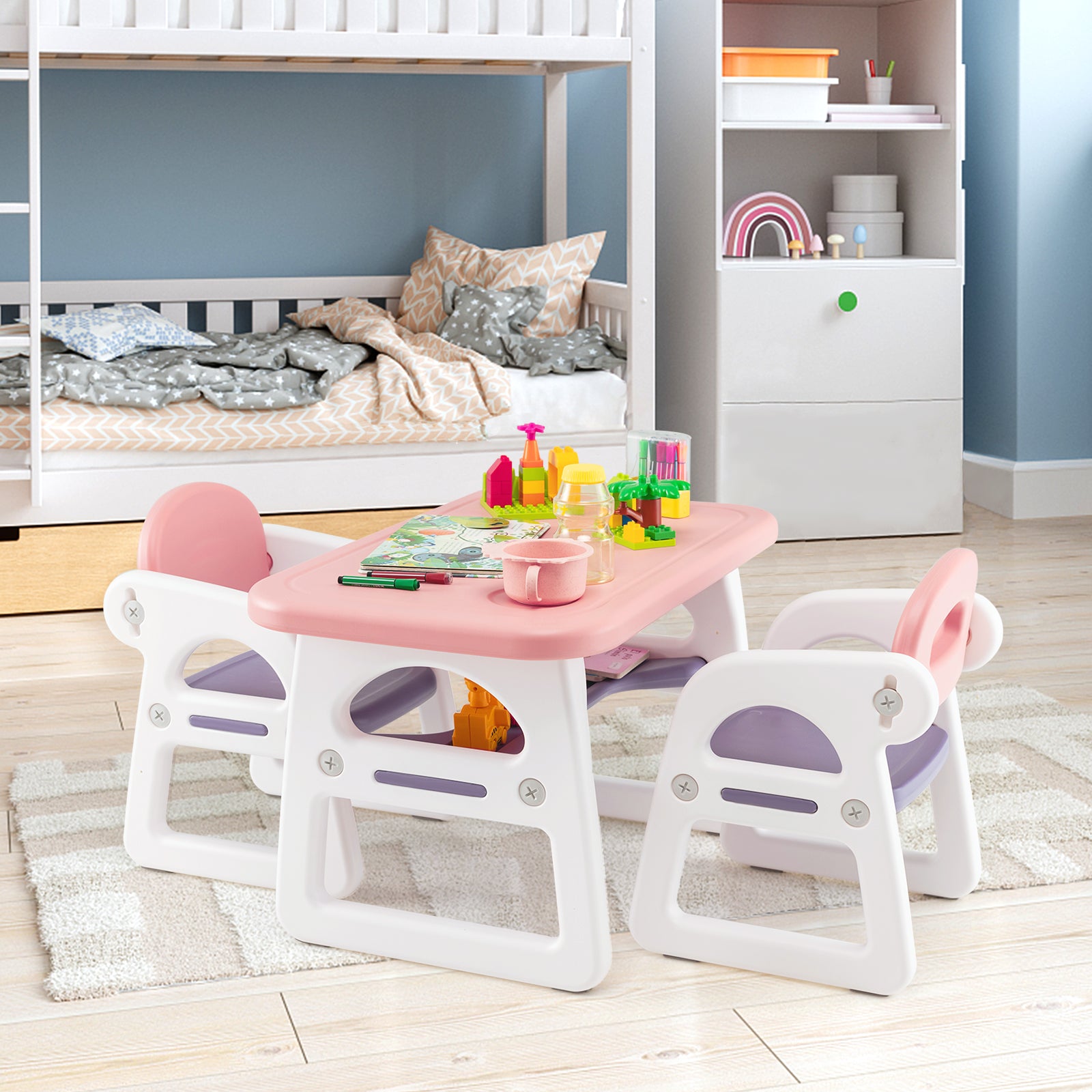 3-Piece Kids Table and Chairs Set with Storage Rack-Pink