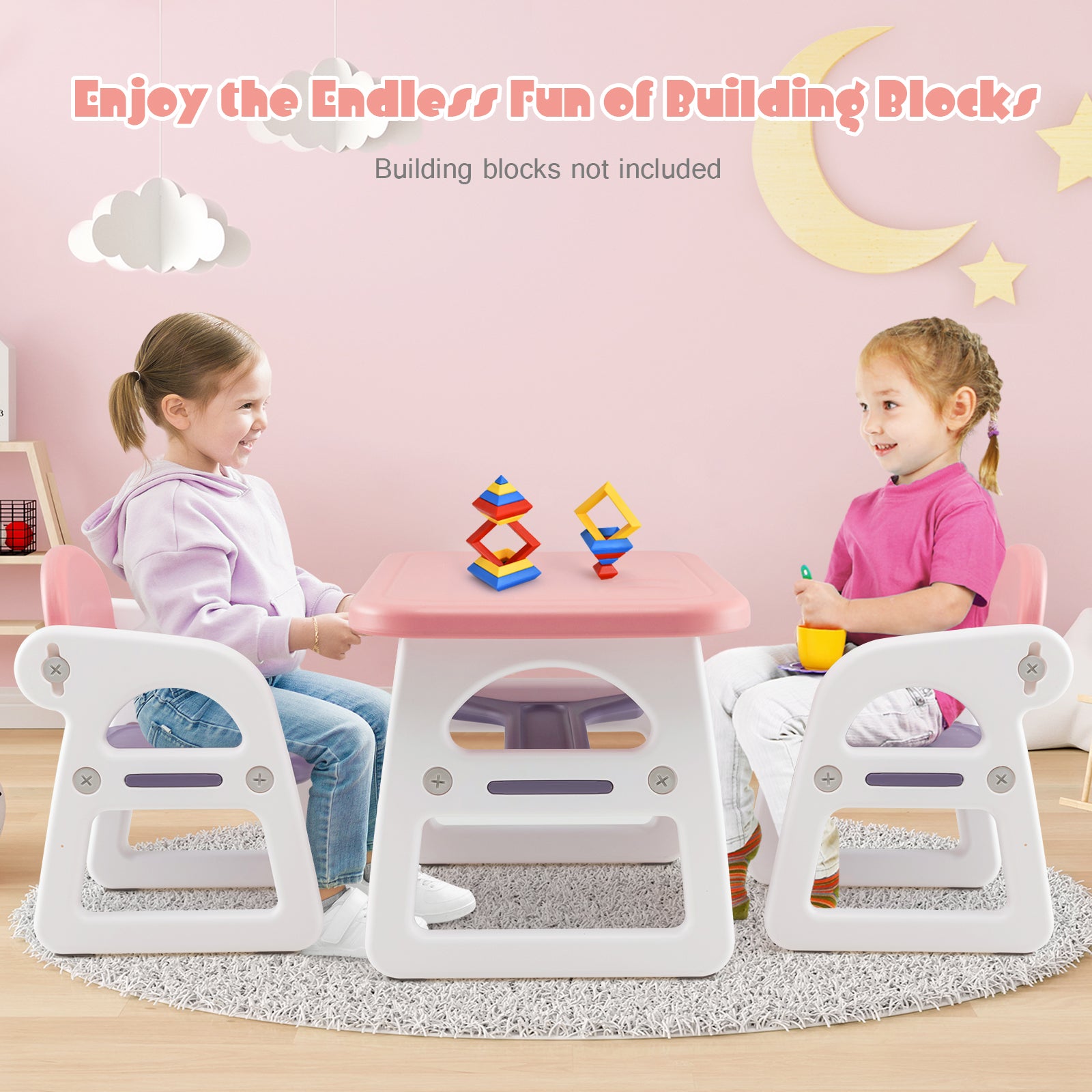 3-Piece Kids Table and Chairs Set with Storage Rack-Pink