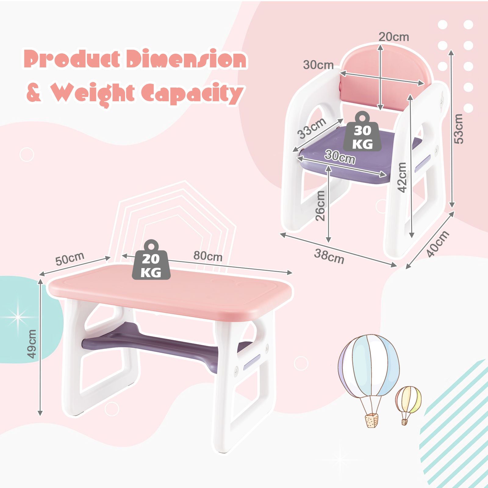 3-Piece Kids Table and Chairs Set with Storage Rack-Pink