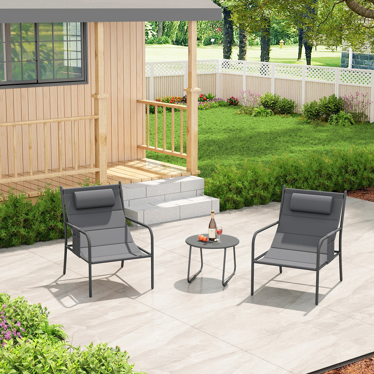 3 Piece Outdoor Bistro Set with Chair and Coffee Table Set-Grey