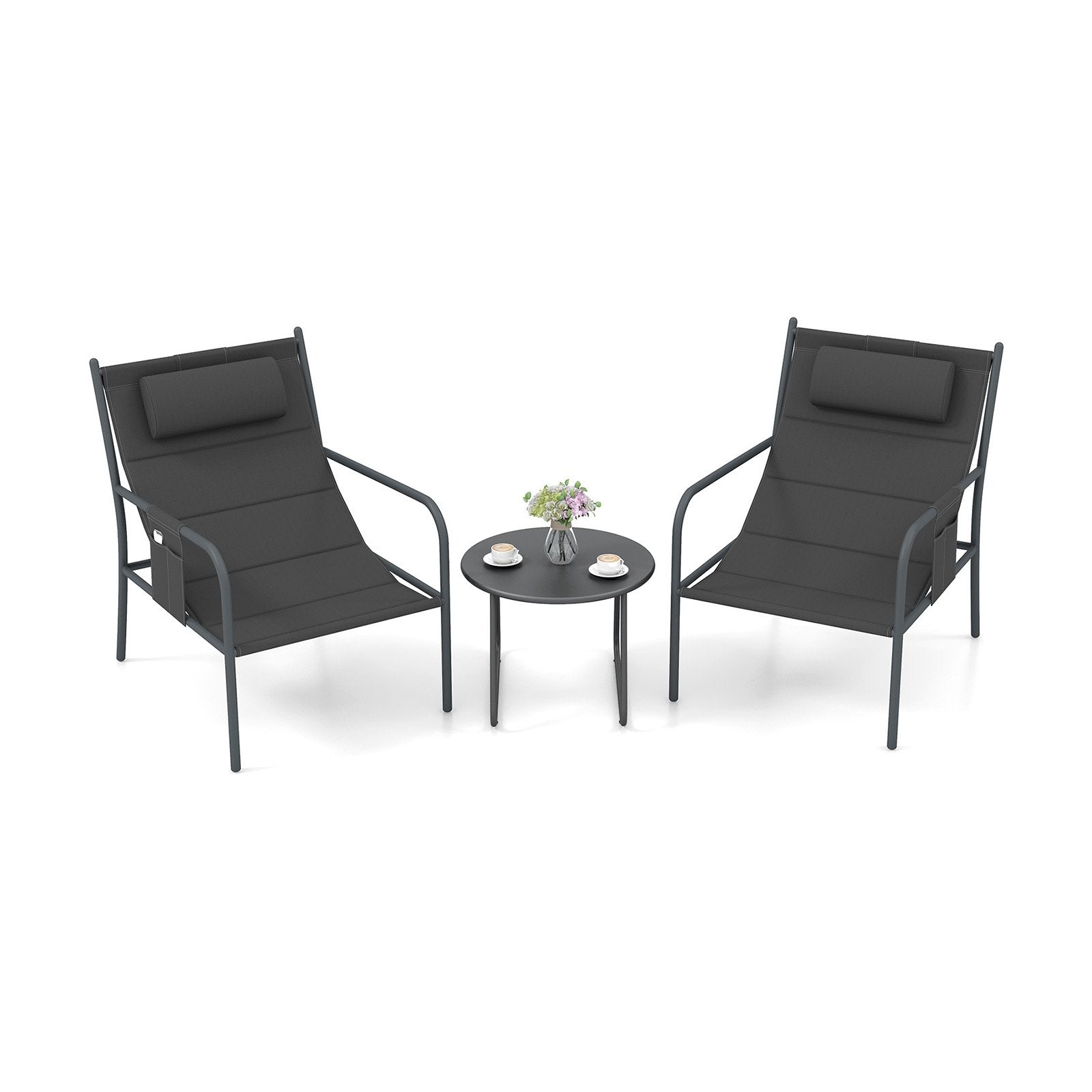 3 Piece Outdoor Bistro Set with Chair and Coffee Table Set-Grey