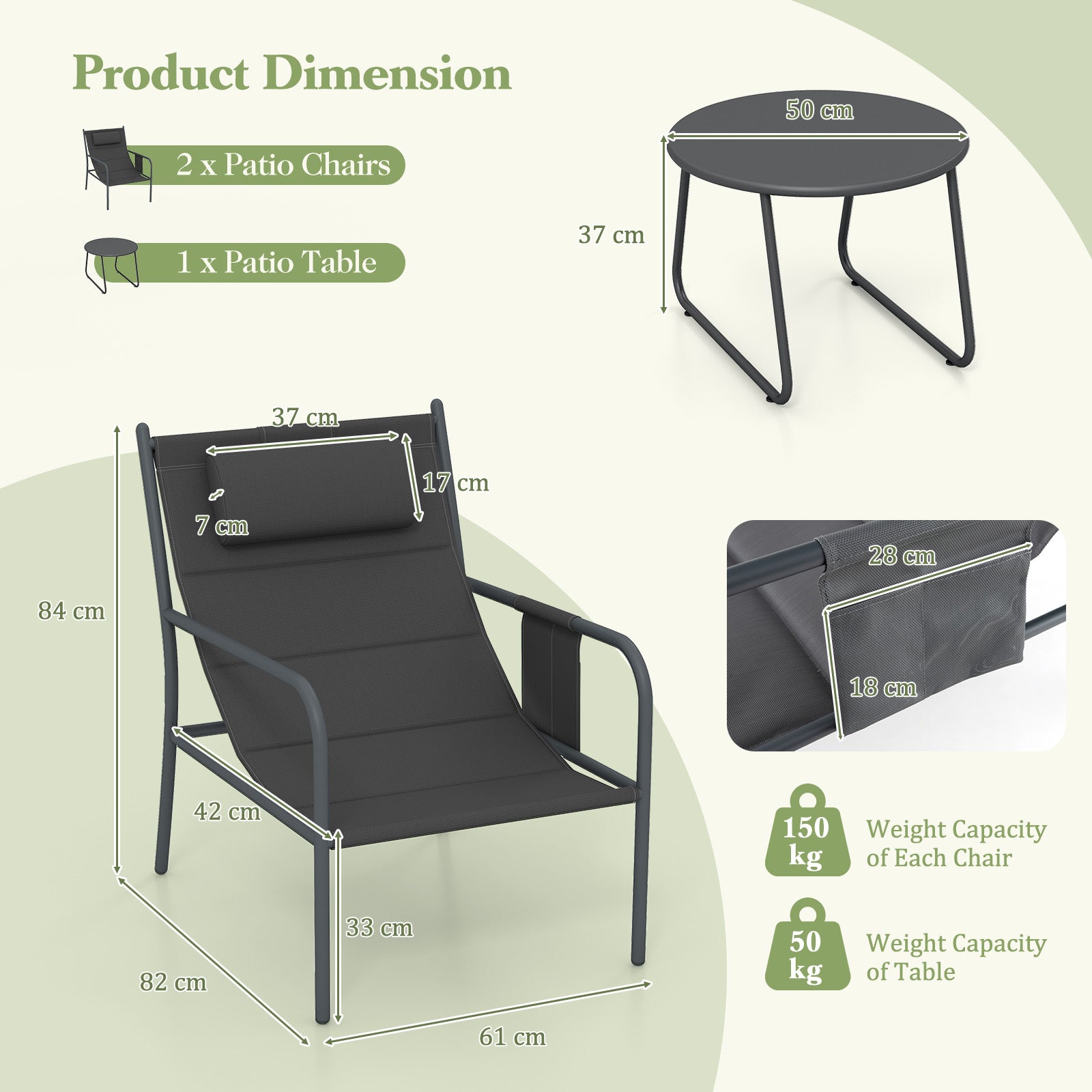 3 Piece Outdoor Bistro Set with Chair and Coffee Table Set-Grey