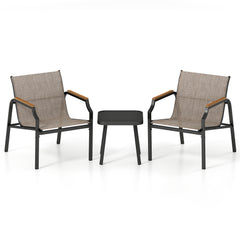 3 Piece Outdoor Chair Set with Breathable Fabric Seat and Wood-Plastic Armrests-Brown