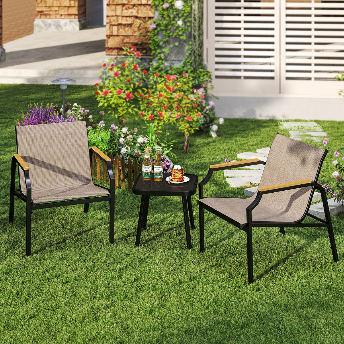 3 Piece Outdoor Chair Set with Breathable Fabric Seat and Wood-Plastic Armrests-Brown