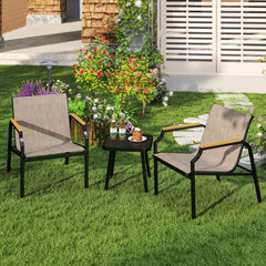 3 Piece Outdoor Chair Set with Breathable Fabric Seat and Wood-Plastic Armrests-Brown