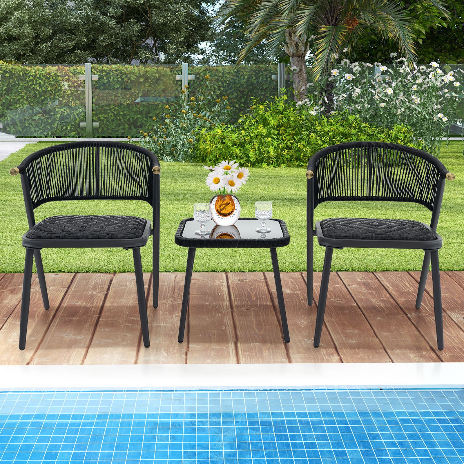 3 Piece Outdoor Wicker Furniture Set with Tempered Glass Coffee Table-Black