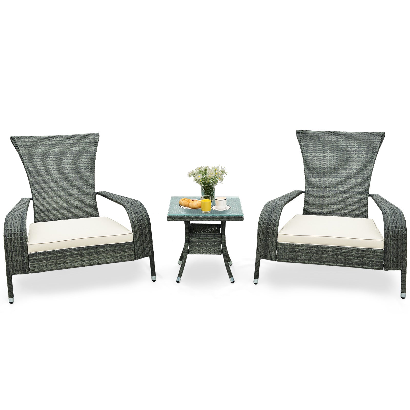 3-Piece Oversized Wicker Adirondack Set with Comfy Seat Cushions-White