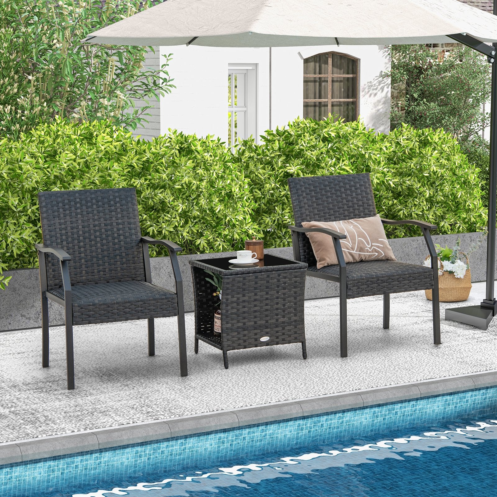 3 Piece Patio Wicker Chair Set with Cushioned Seat