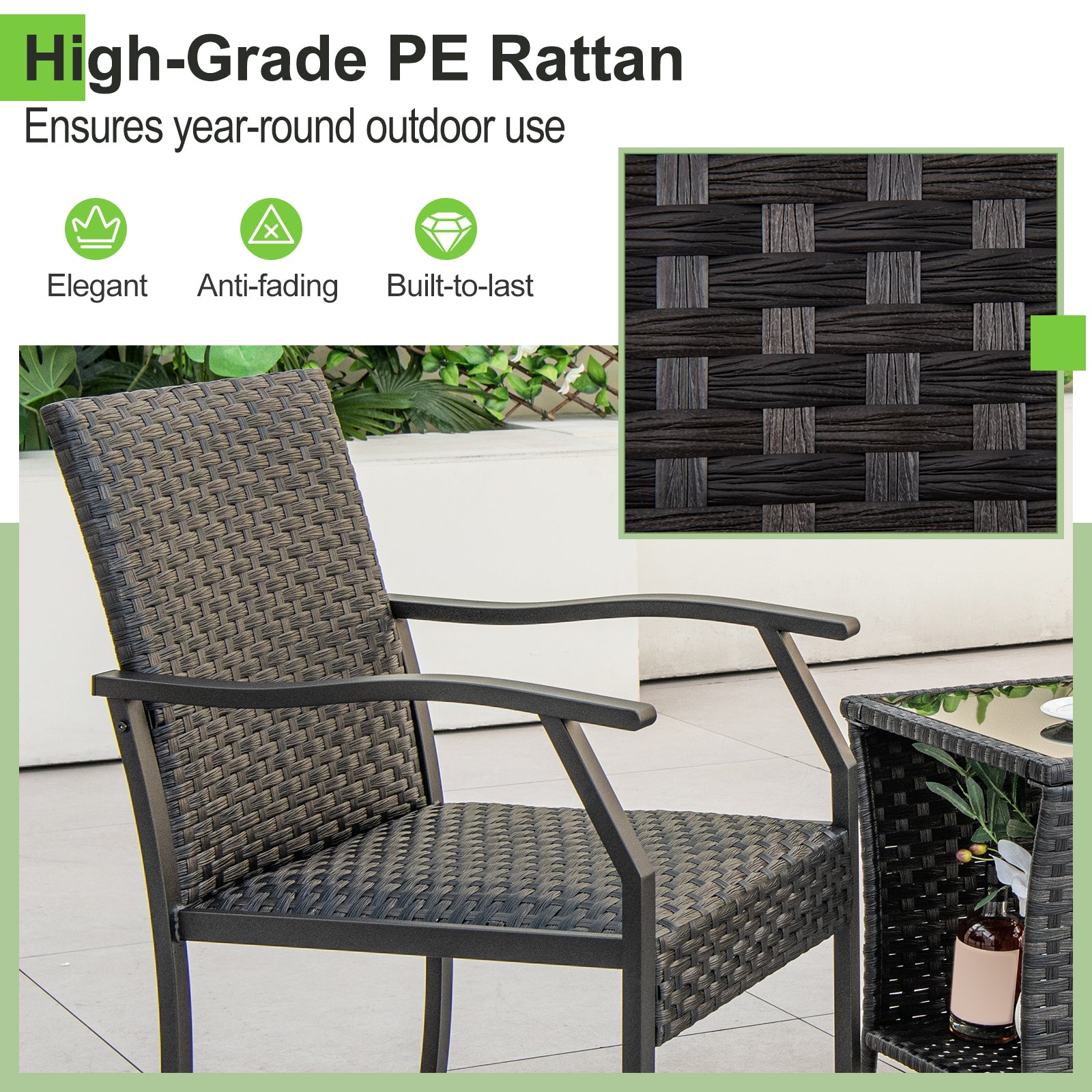 3 Piece Patio Wicker Chair Set with Cushioned Seat