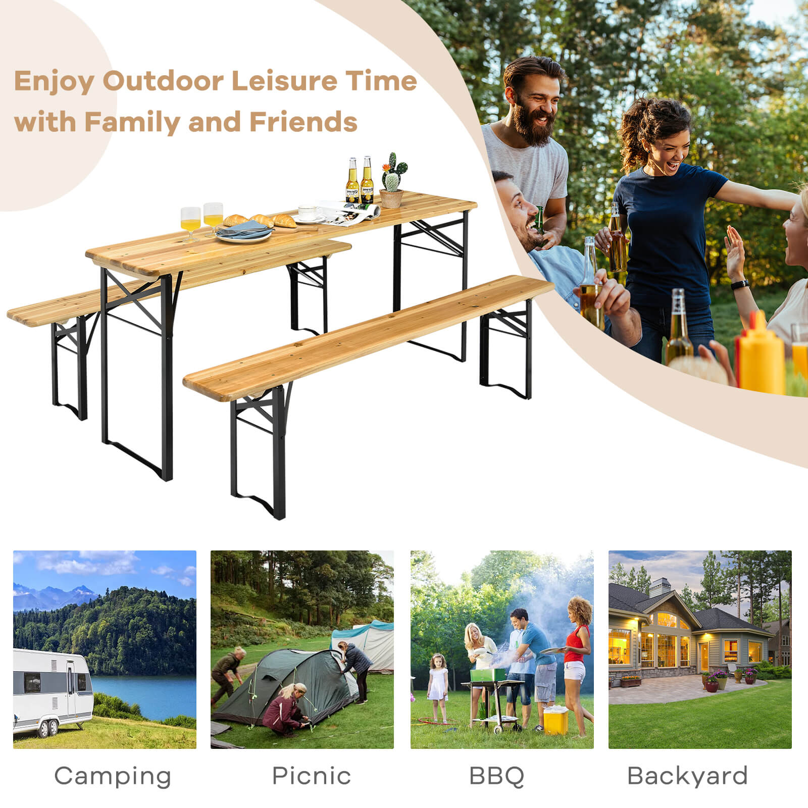 3 Pieces Folding Picnic Table and Bench Set Wooden Beer Table Set