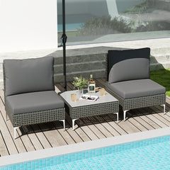 3 Pieces PE Rattan Conversation Chairs with Tempered Glass Coffee Table for Garden Porch-Grey