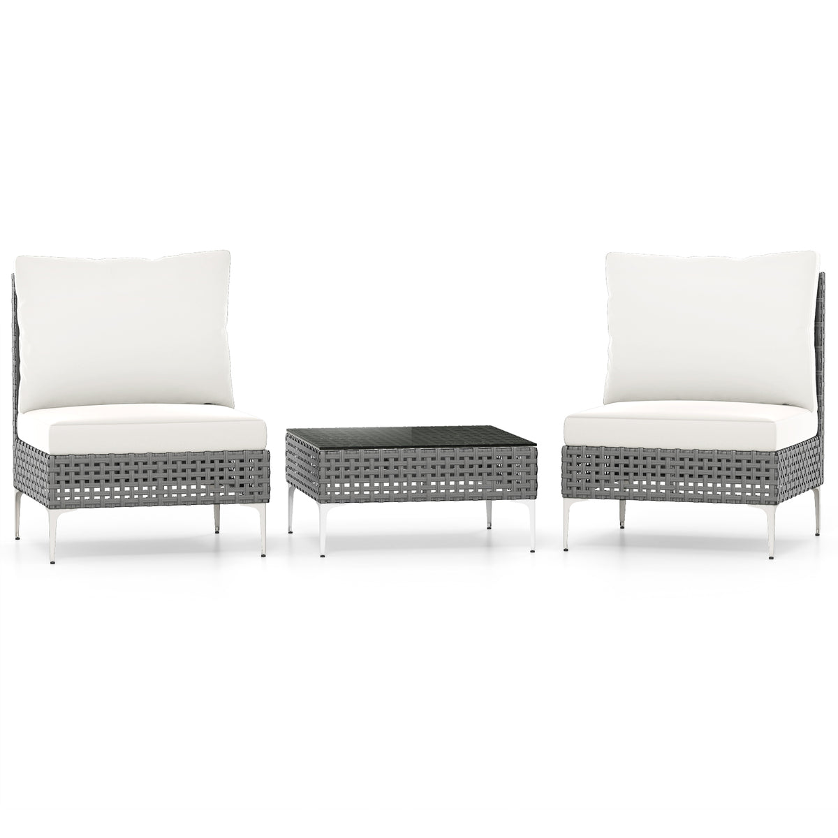3 Pieces PE Rattan Conversation Chairs with Tempered Glass Coffee Table for Garden Porch-White