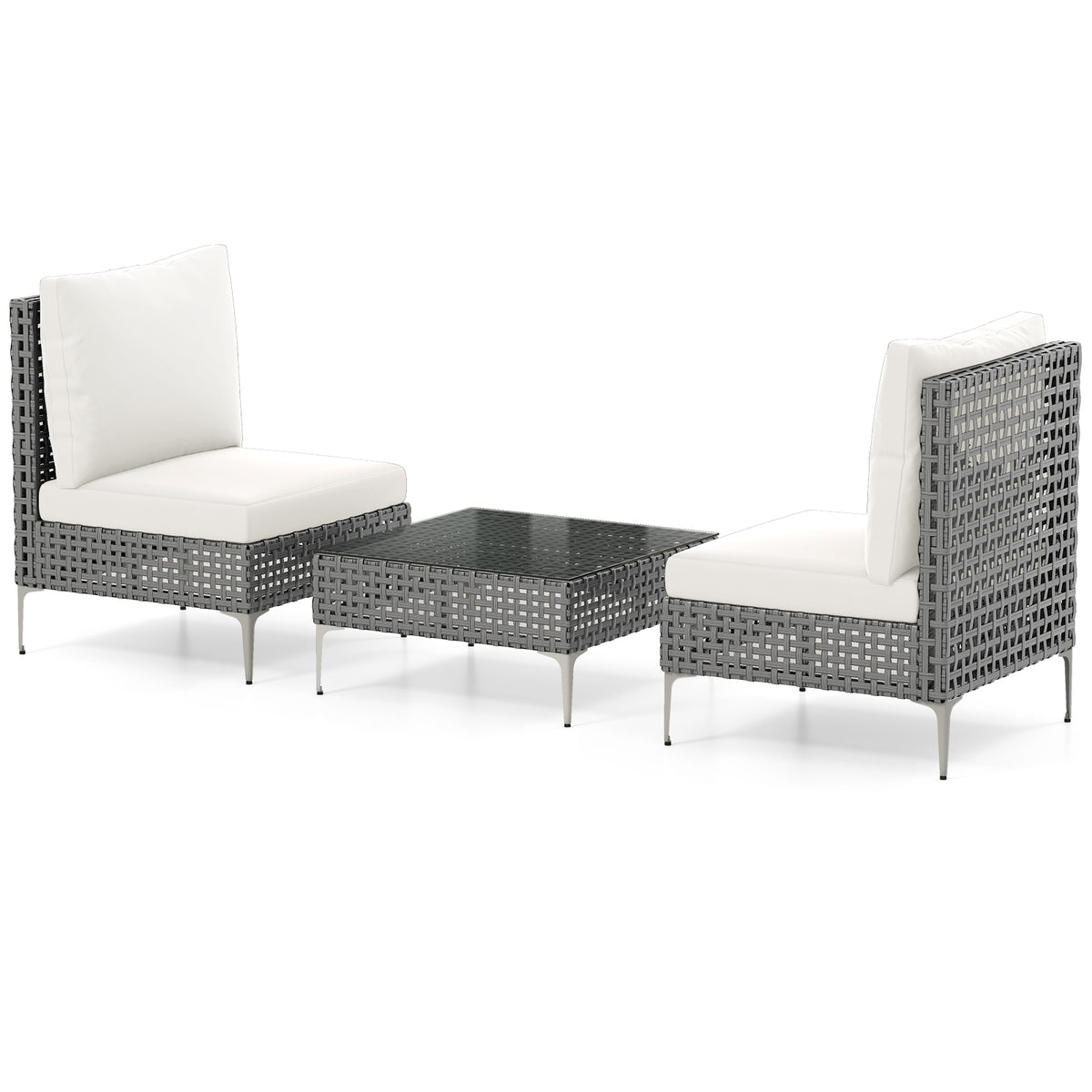 3 Pieces PE Rattan Conversation Chairs with Tempered Glass Coffee Table for Garden Porch-White